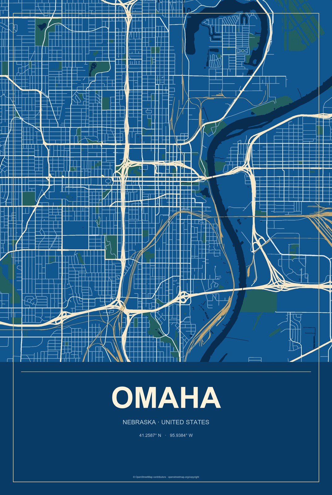 Omaha, Nebraska City Map Aluminum Sign in Harbor Cobalt style