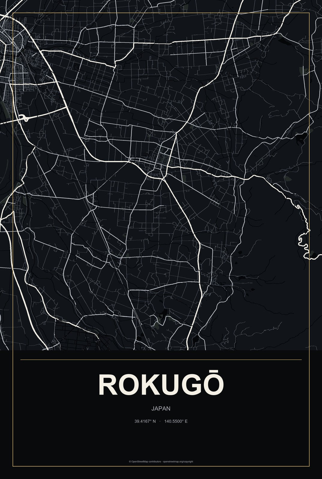 Rokugō, Japan City Map Aluminum Sign in Metropolitan Noir style
