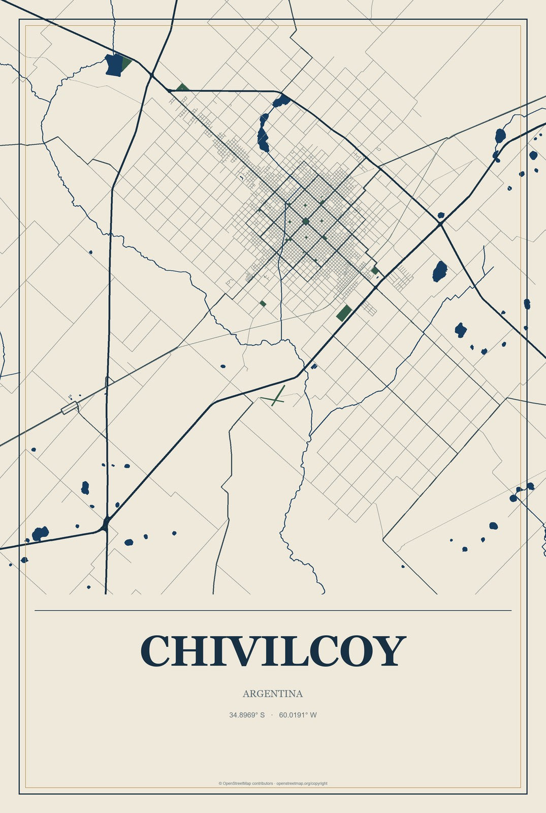 Chivilcoy, Argentina City Map Aluminum Sign in Coastal Cutout style