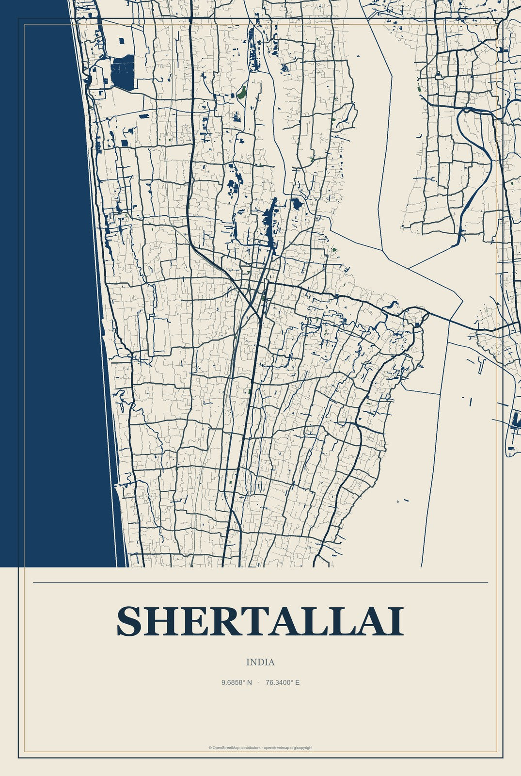 Shertallai, India City Map Aluminum Sign in Coastal Cutout style