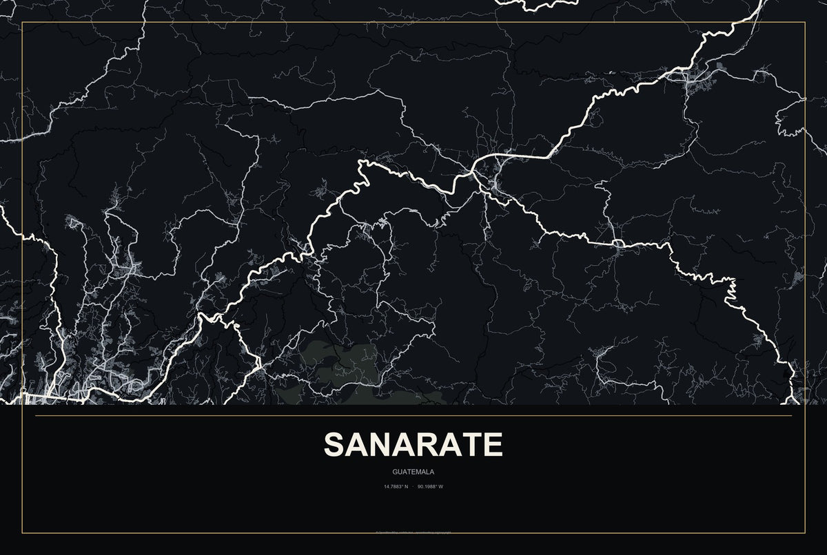 Sanarate, Guatemala City Map Aluminum Sign in Metropolitan Noir style