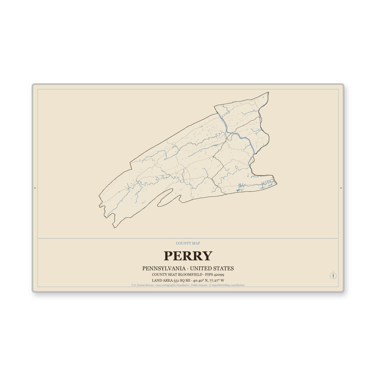 Perry County, Pennsylvania Map Aluminum Sign in Heritage Nautical style