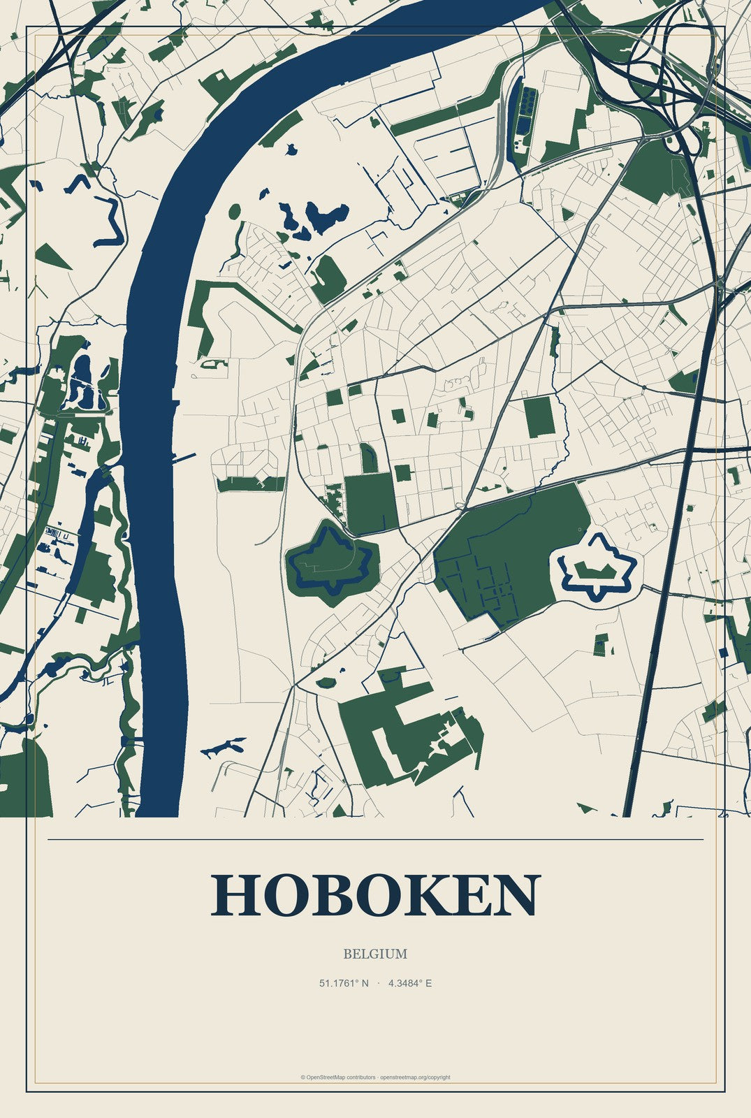 Hoboken, Belgium City Map Aluminum Sign in Coastal Cutout style