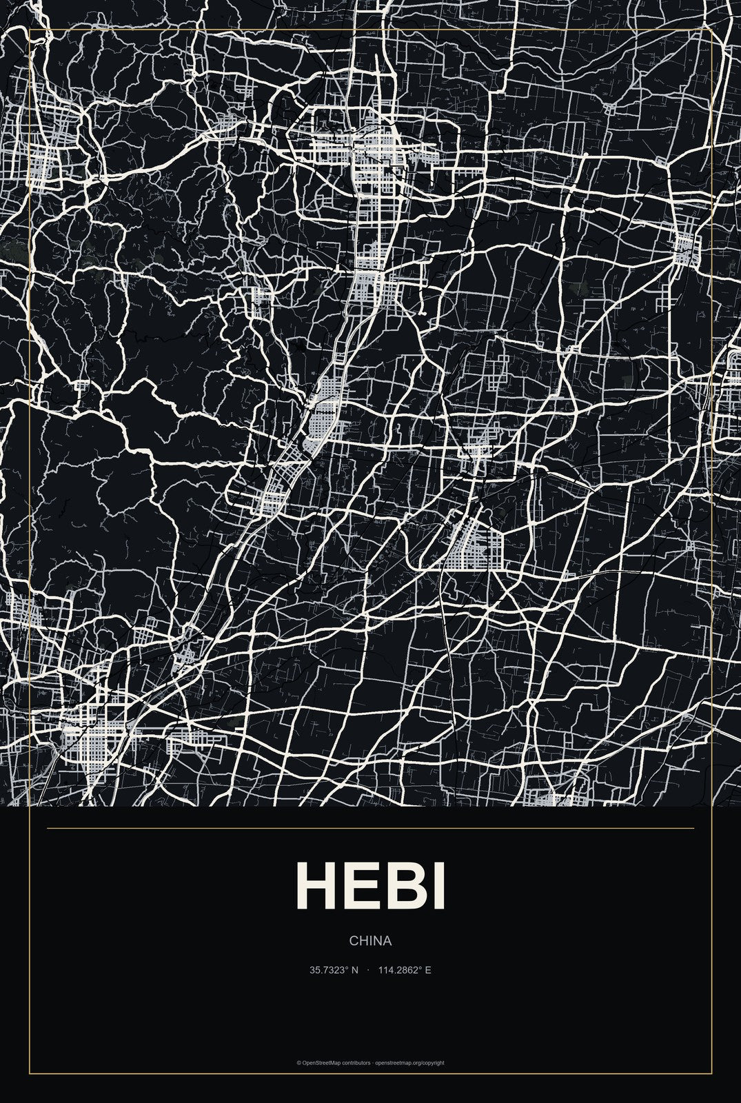 Hebi, China City Map Aluminum Sign in Metropolitan Noir style