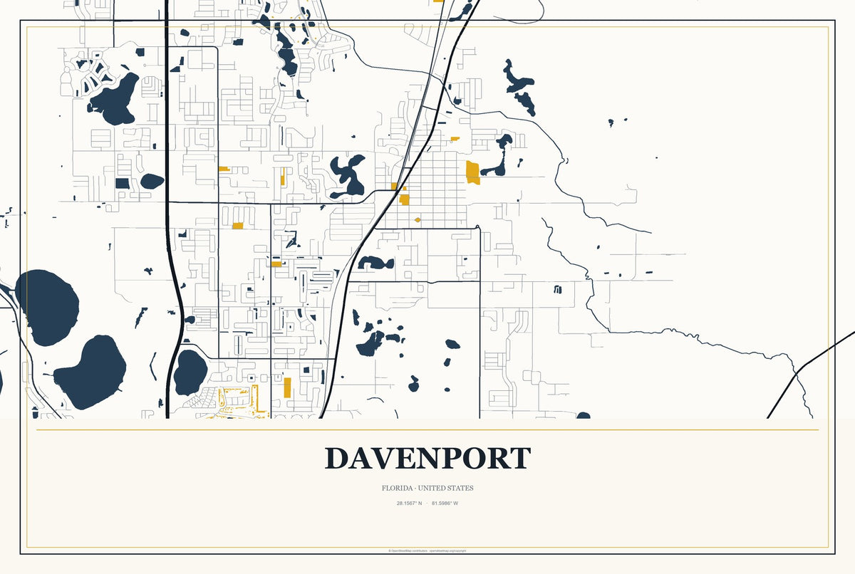 Davenport, Florida City Map Aluminum Sign in Citrine Modern style