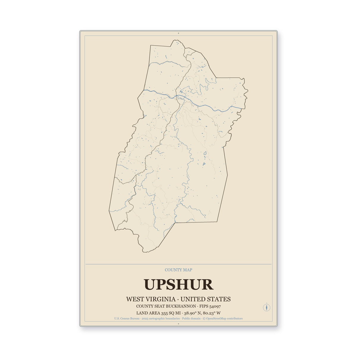 Upshur County, West Virginia Map Aluminum Sign in Heritage Nautical style