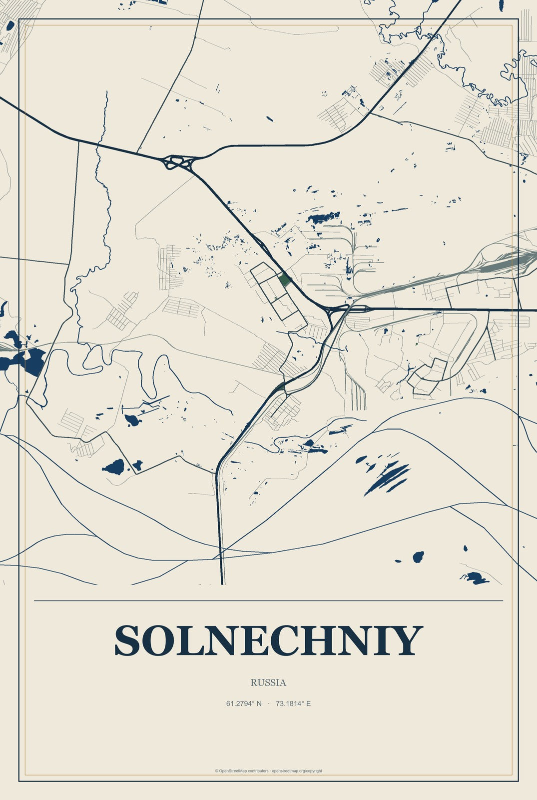 Solnechniy, Russia City Map Aluminum Sign in Coastal Cutout style