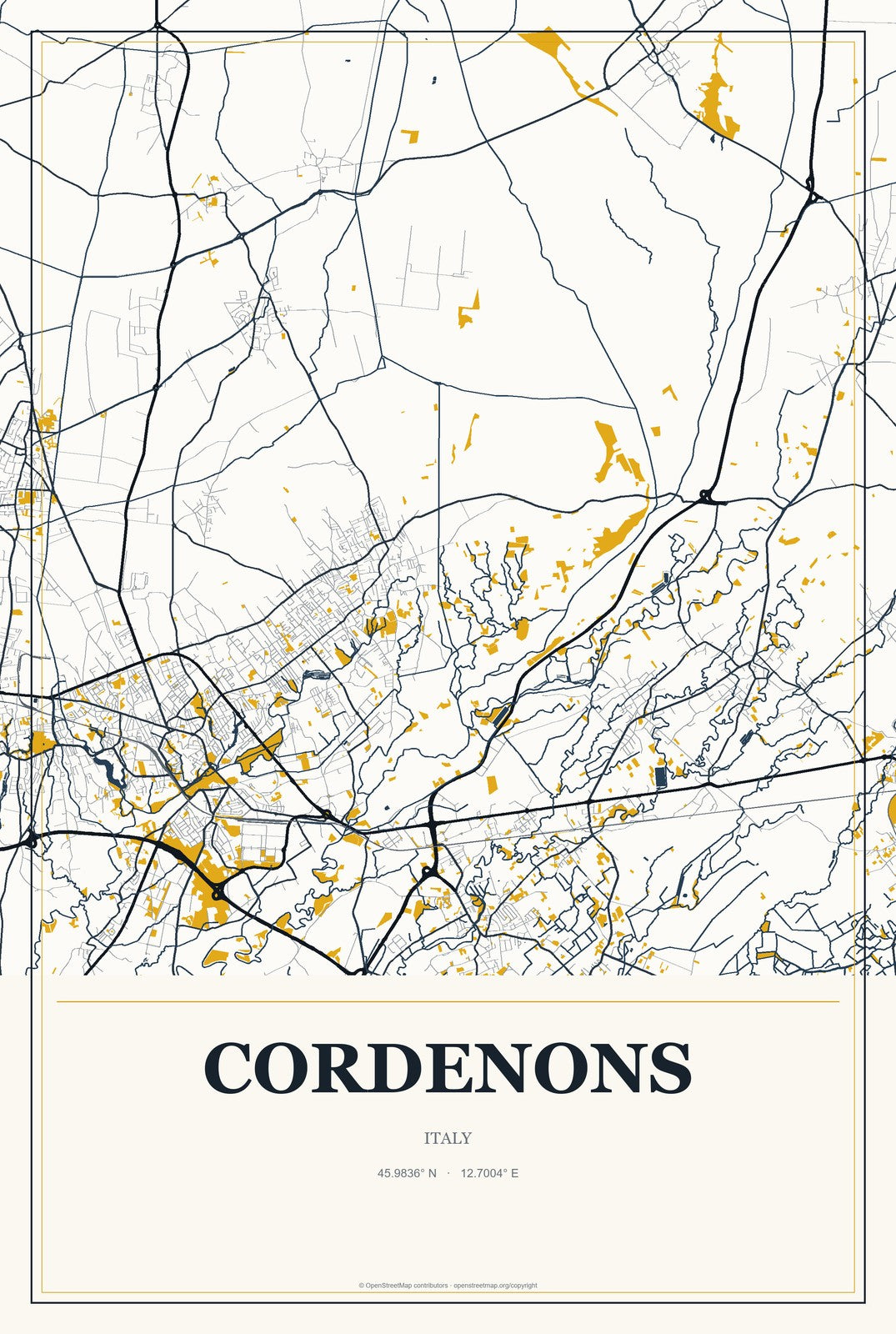 Cordenons, Italy City Map Aluminum Sign in Citrine Modern style