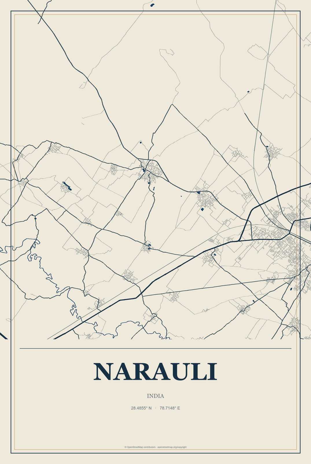 Narauli, India City Map Aluminum Sign in Coastal Cutout style
