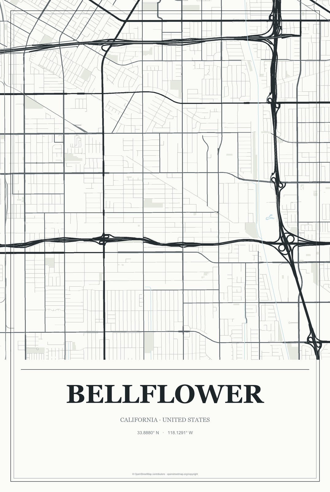 Bellflower, California City Map Aluminum Sign in Gallery Air style