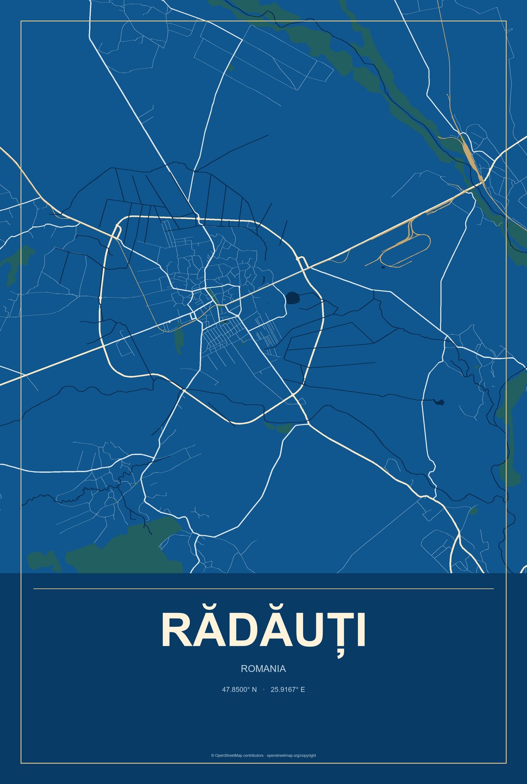 Rădăuți, Romania City Map Aluminum Sign in Harbor Cobalt style
