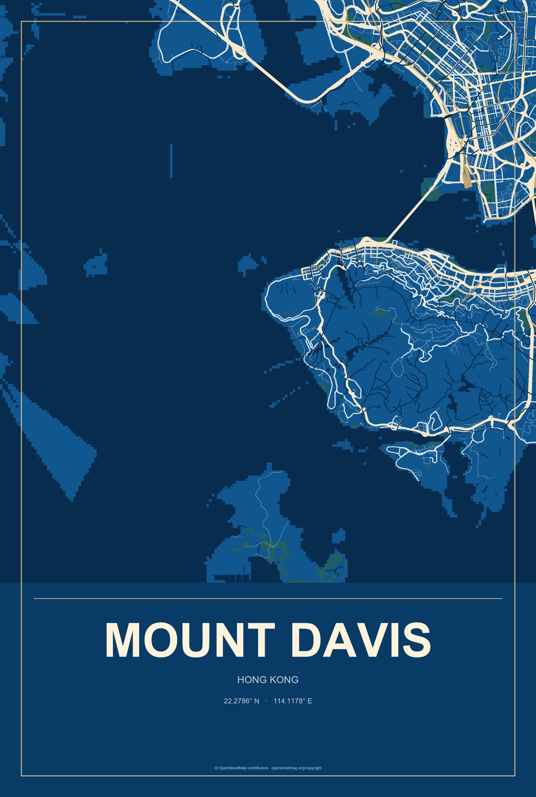 Mount Davis, Hong Kong City Map Aluminum Sign in Harbor Cobalt style
