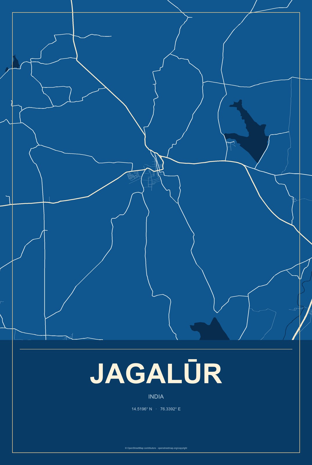 Jagalūr, India City Map Aluminum Sign in Harbor Cobalt style