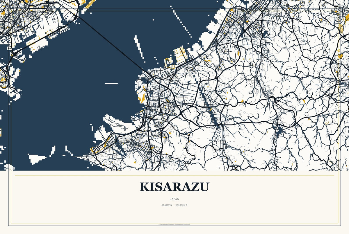 Kisarazu, Japan City Map Aluminum Sign in Citrine Modern style