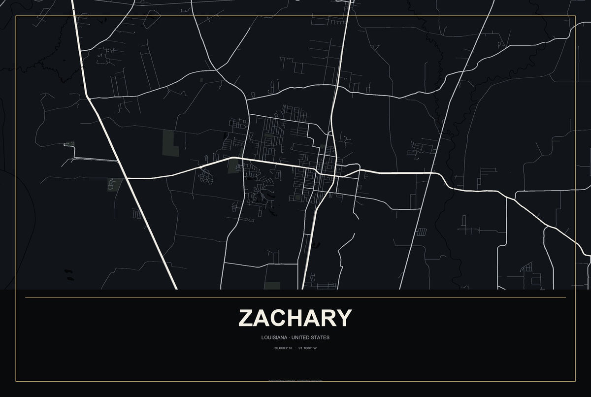 Zachary, Louisiana City Map Aluminum Sign in Metropolitan Noir style