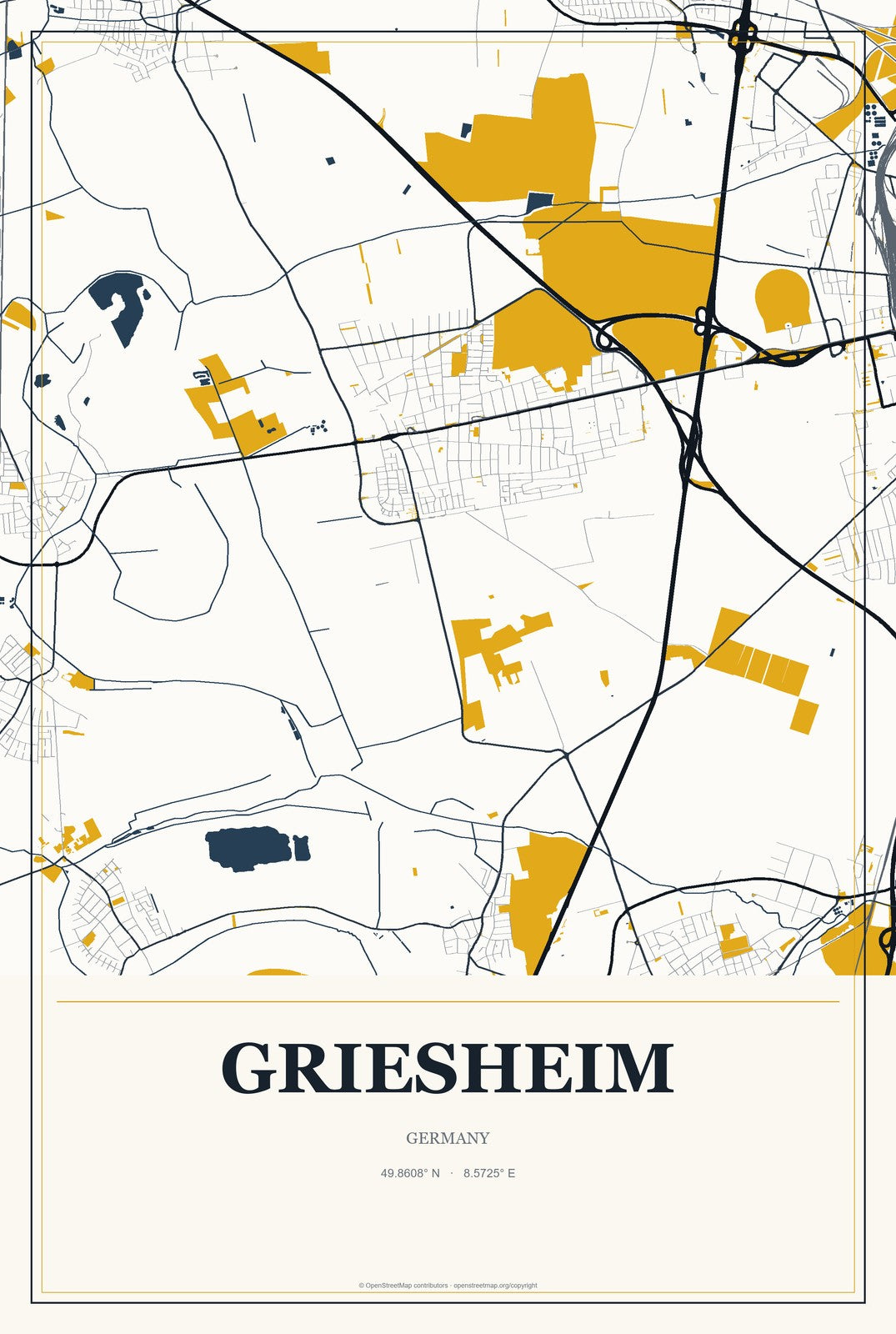 Griesheim, Germany City Map Aluminum Sign in Citrine Modern style