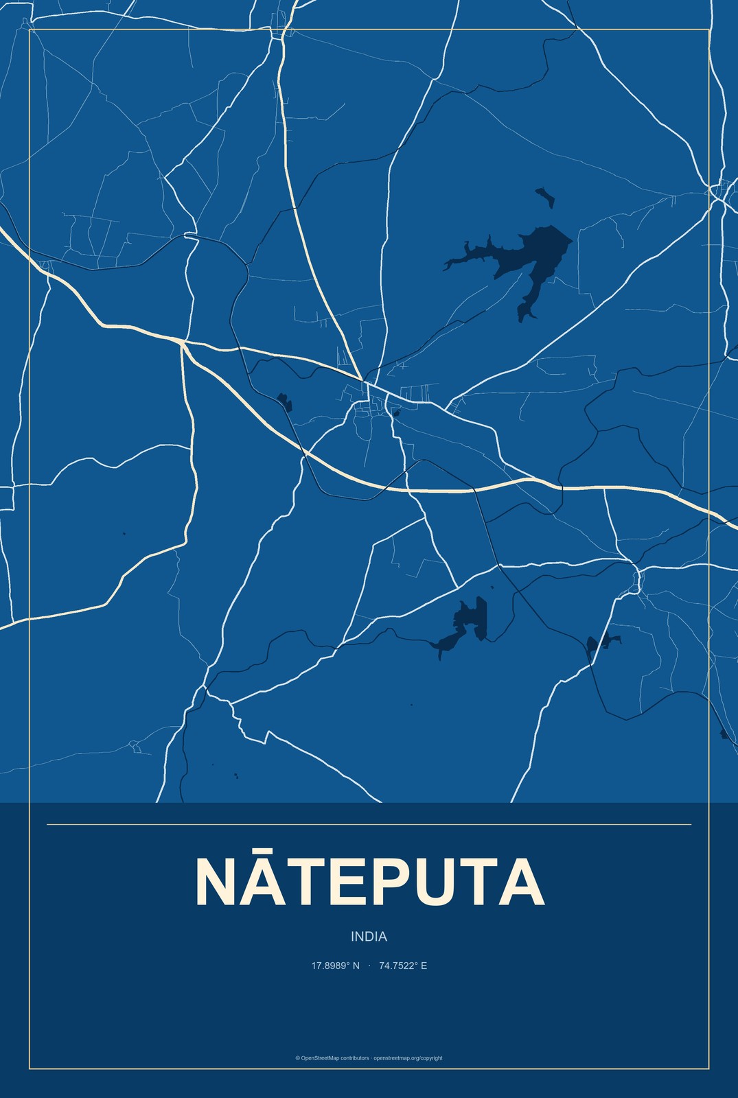 Nāteputa, India City Map Aluminum Sign in Harbor Cobalt style