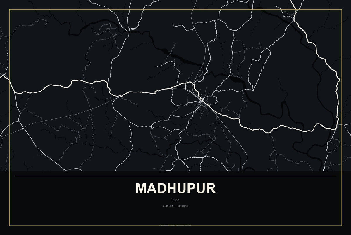Madhupur, India City Map Aluminum Sign in Metropolitan Noir style