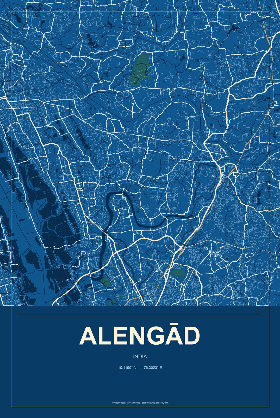 Alengād, India City Map Aluminum Sign in Harbor Cobalt style