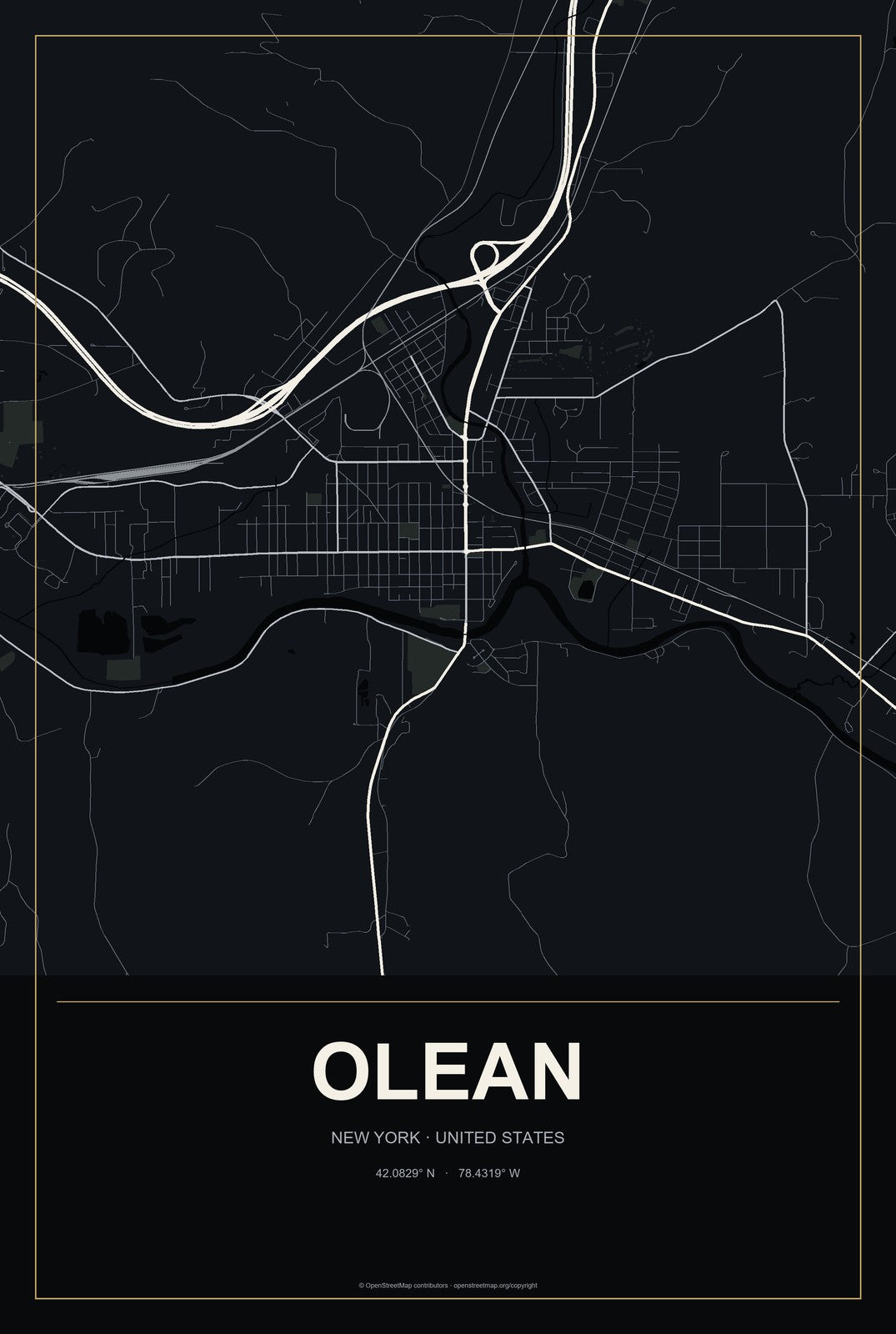 Olean, New York City Map Aluminum Sign in Metropolitan Noir style