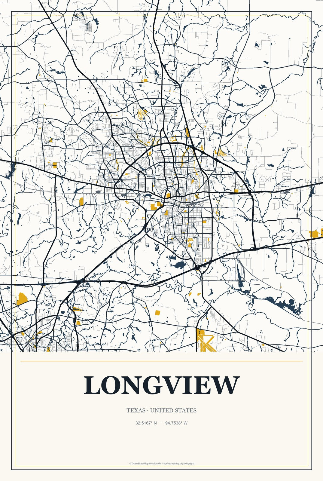 Longview, Texas City Map Aluminum Sign in Citrine Modern style