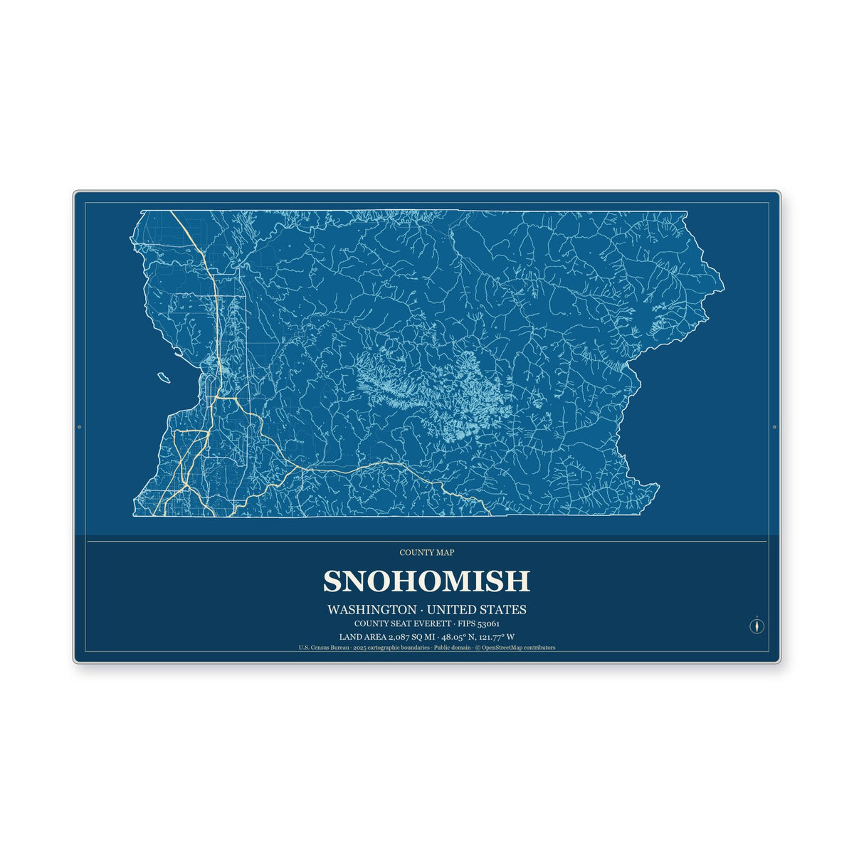 Snohomish County, Washington Map Aluminum Sign in Harbor Cobalt style