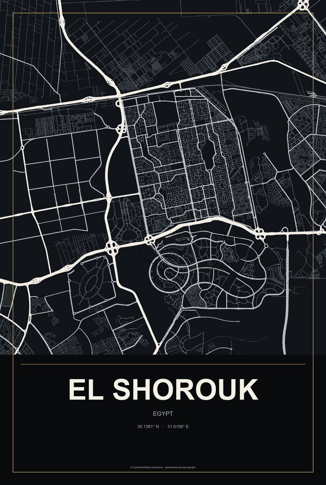 El Shorouk, Egypt City Map Aluminum Sign in Metropolitan Noir style