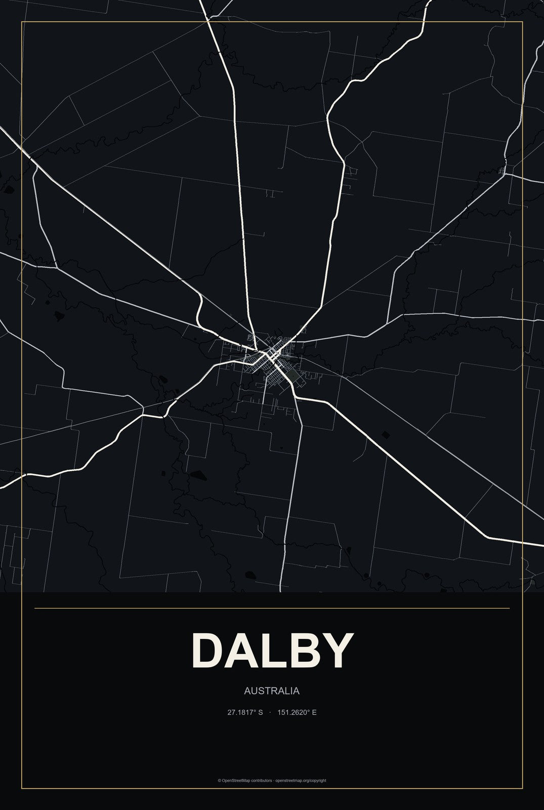 Dalby, Australia City Map Aluminum Sign in Metropolitan Noir style