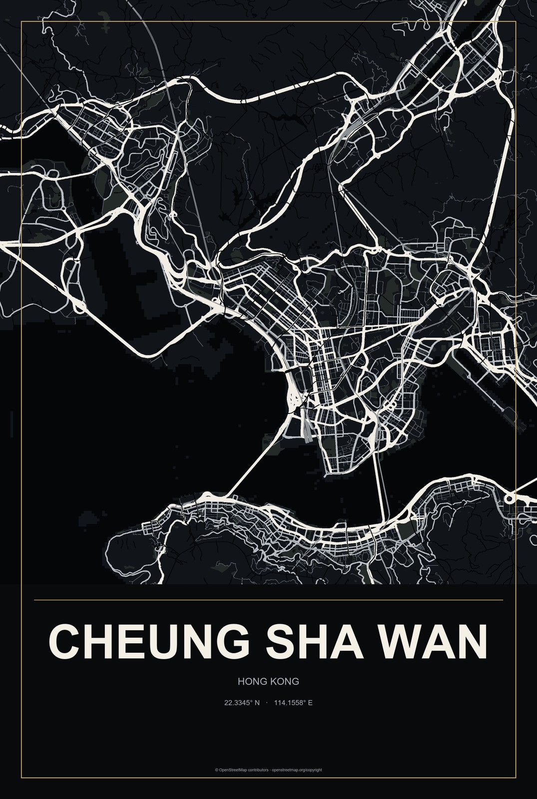 Cheung Sha Wan, Hong Kong City Map Aluminum Sign in Metropolitan Noir style