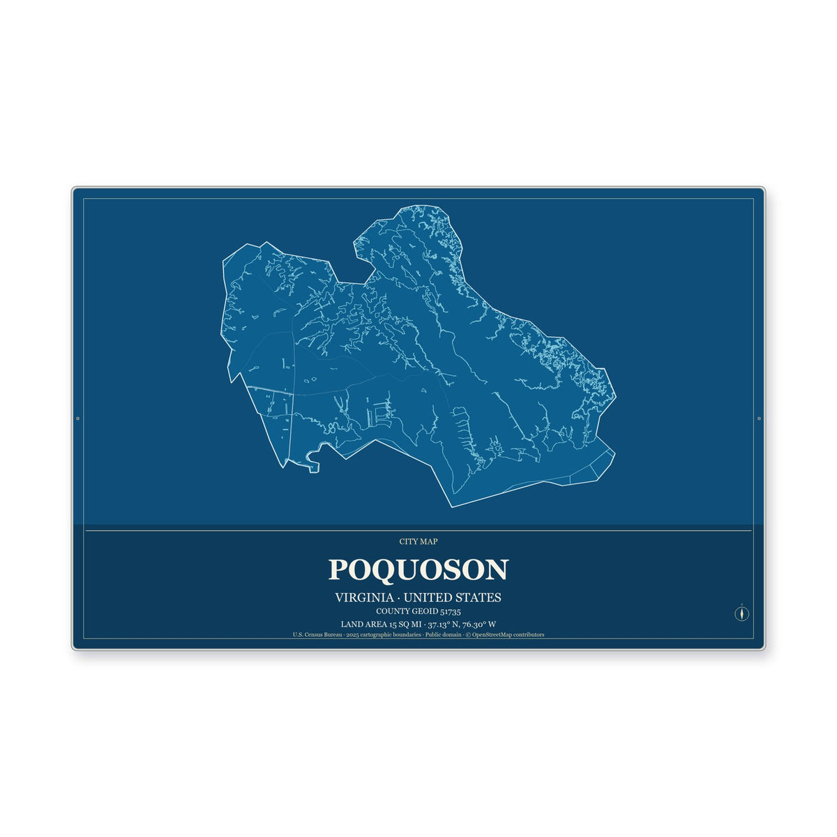 Poquoson city, Virginia Map Aluminum Sign in Harbor Cobalt style