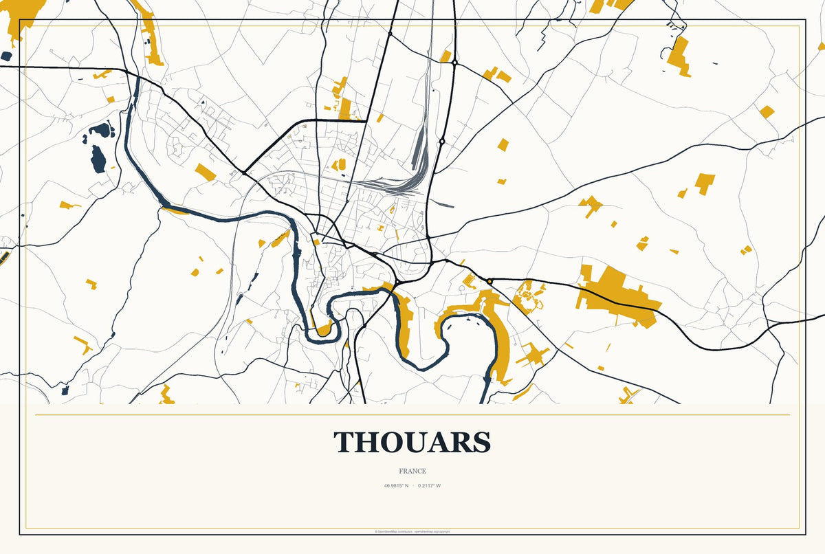 Thouars, France City Map Aluminum Sign in Citrine Modern style