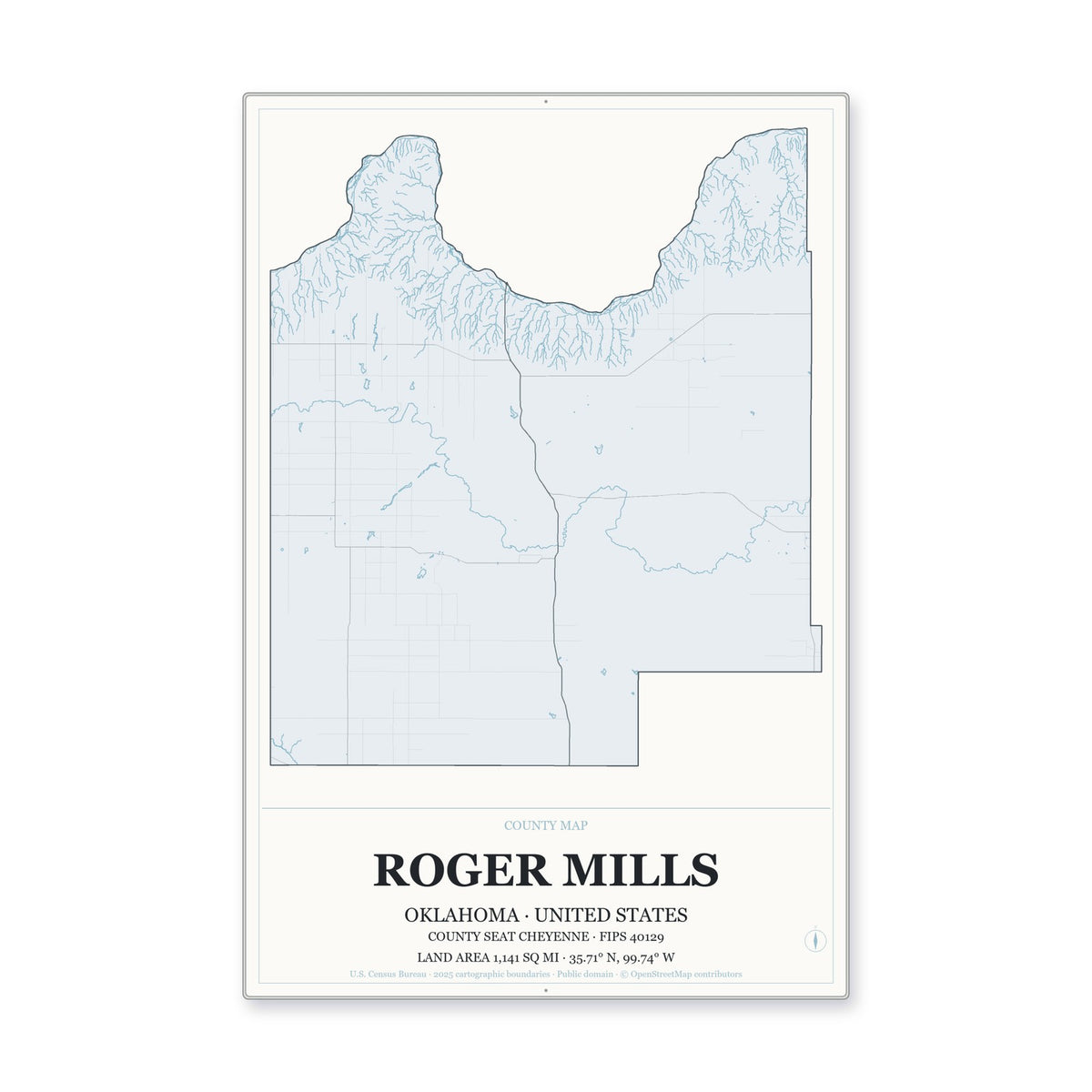 Roger Mills County, Oklahoma Map Aluminum Sign in Gallery Air style