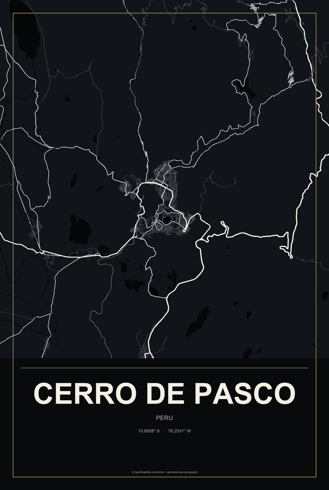 Cerro de Pasco, Peru City Map Aluminum Sign in Metropolitan Noir style