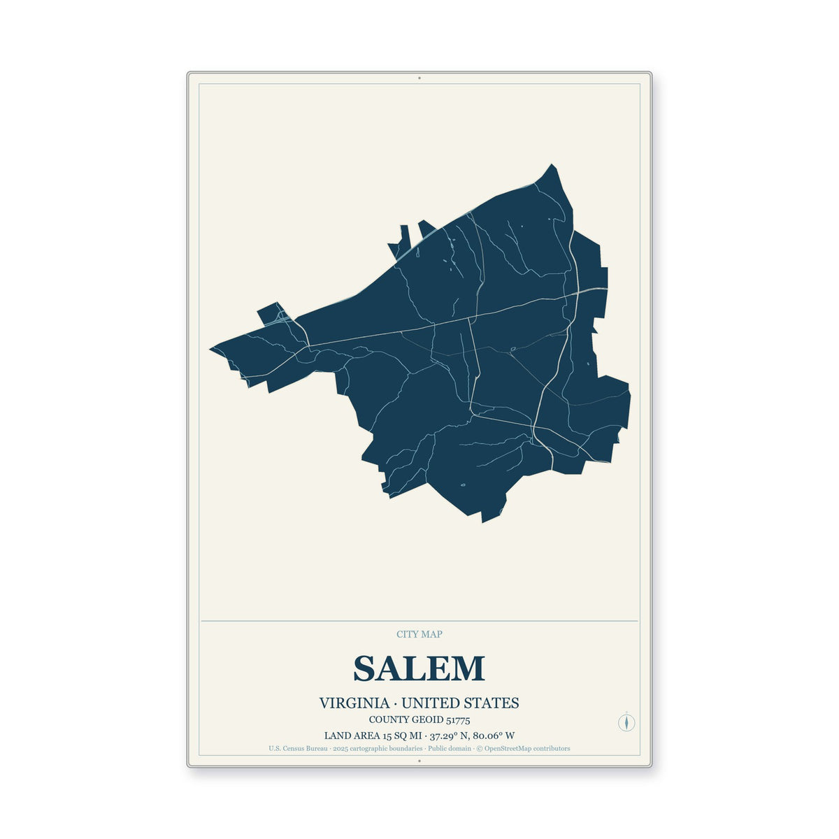 Salem city, Virginia Map Aluminum Sign in Coastal Cutout style