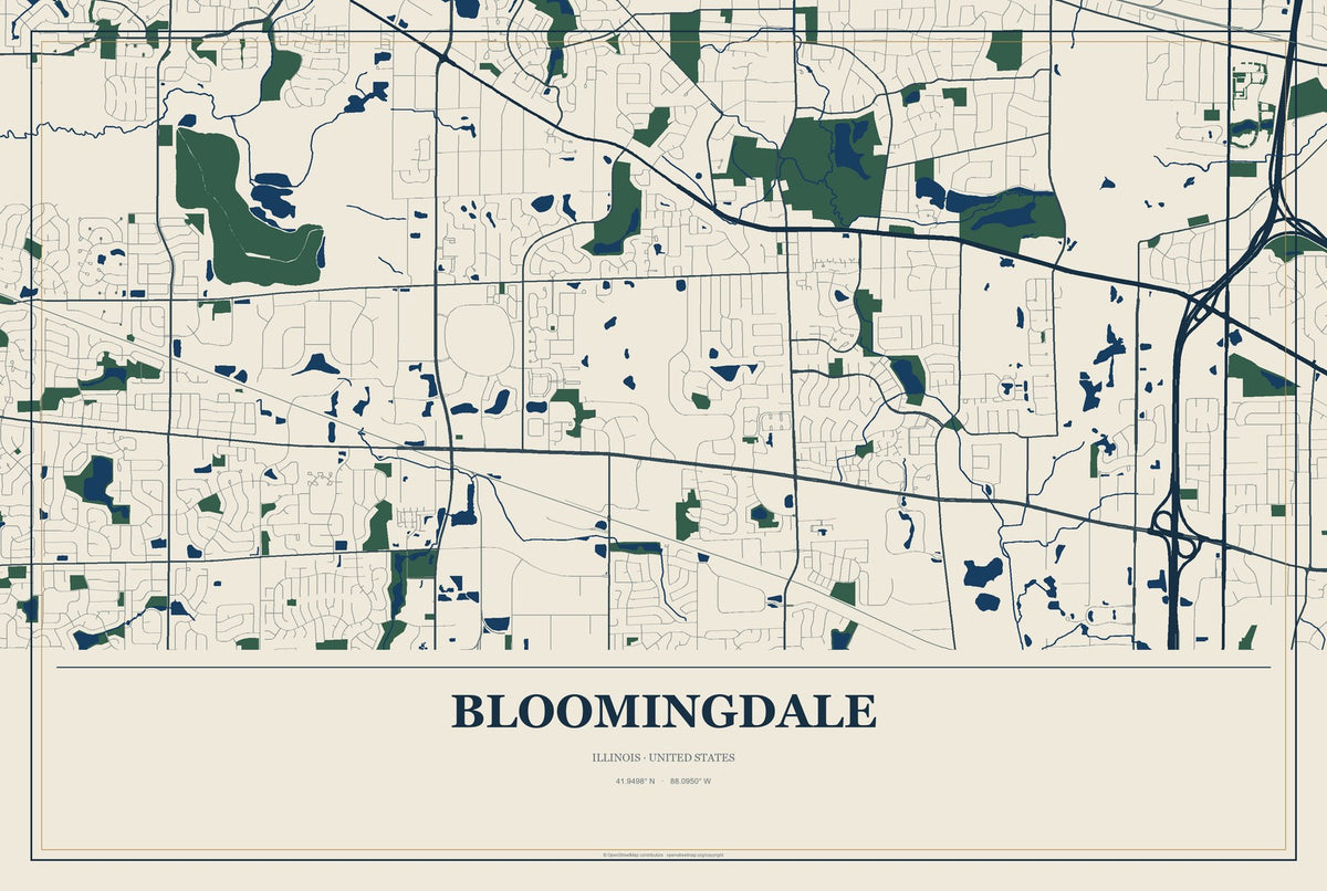 Bloomingdale, Illinois City Map Aluminum Sign in Coastal Cutout style