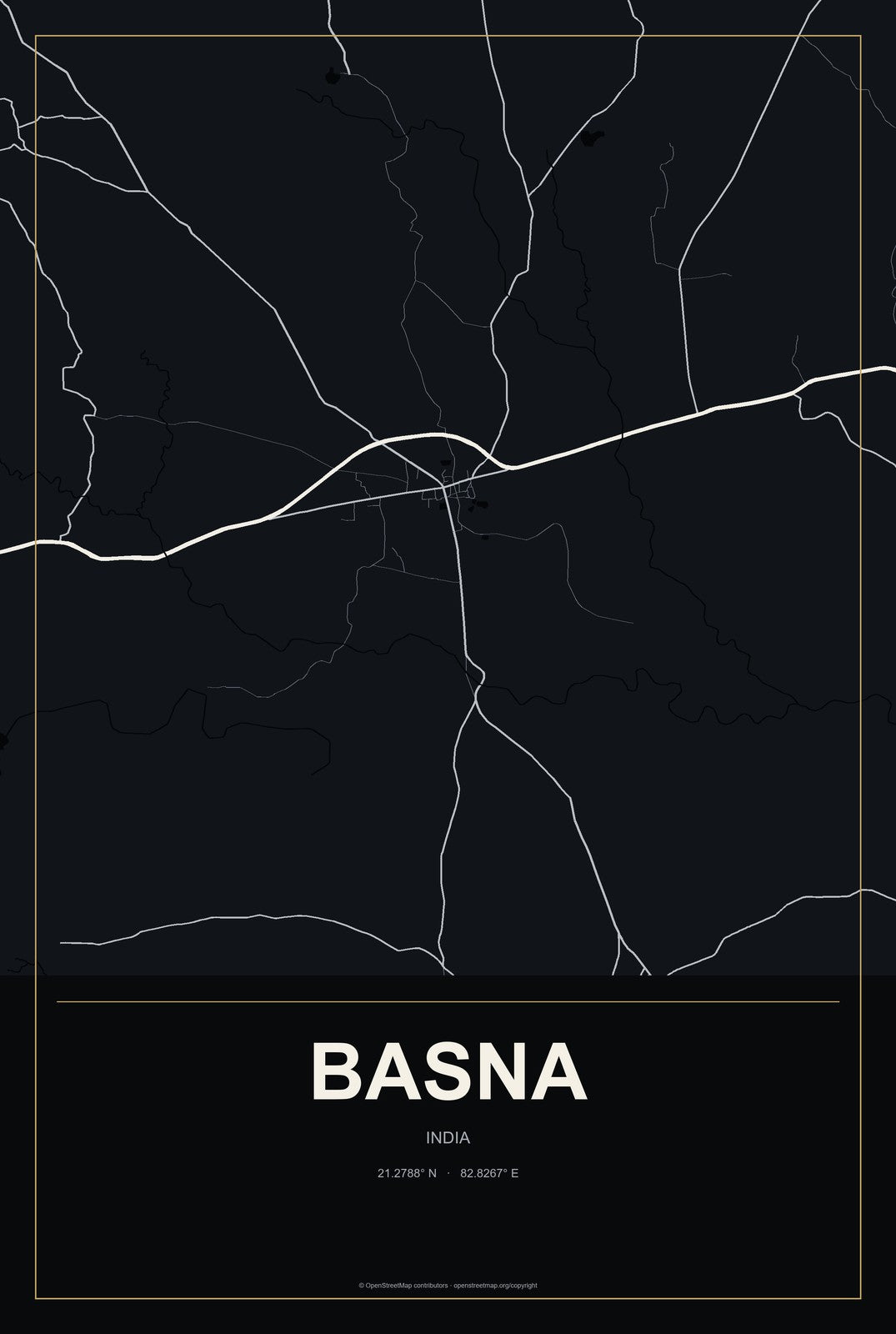 Basna, India City Map Aluminum Sign in Metropolitan Noir style
