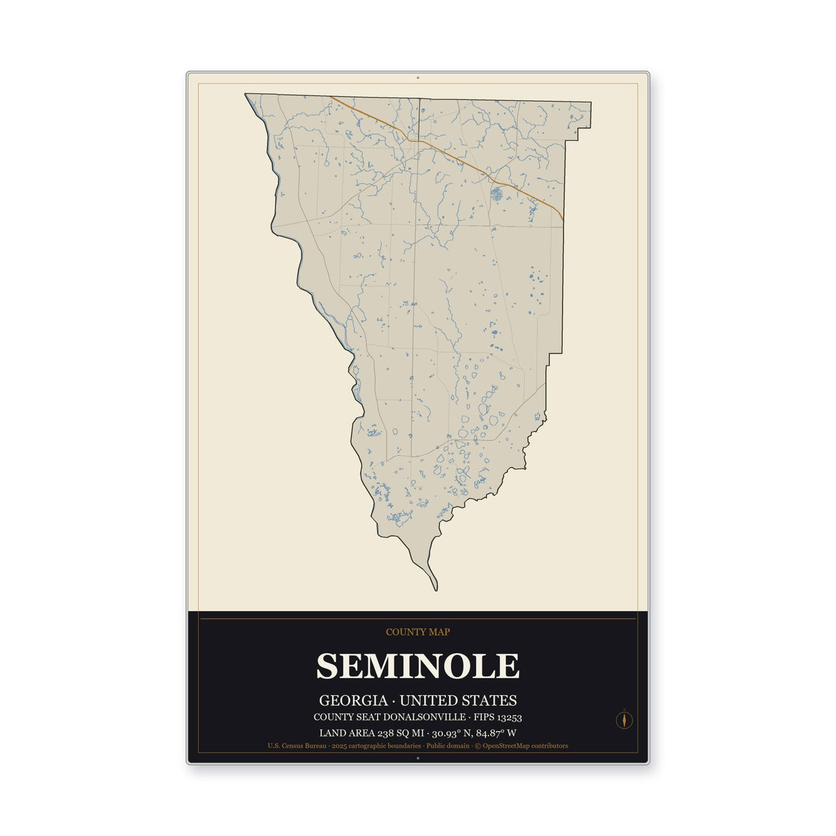 Seminole County, Georgia Map Aluminum Sign in Museum Plaque style