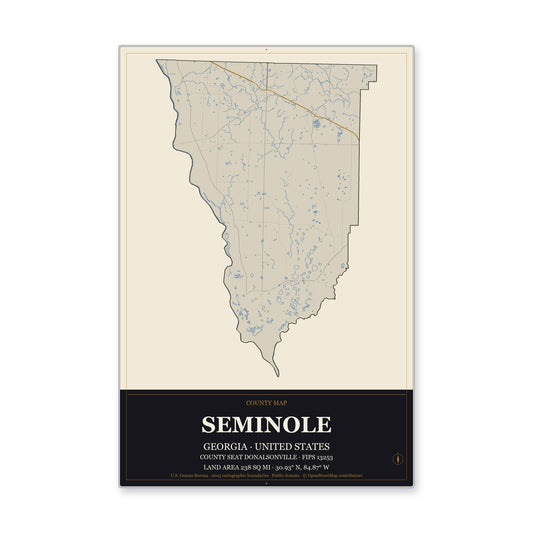 Seminole County, Georgia Map Aluminum Sign in Museum Plaque style