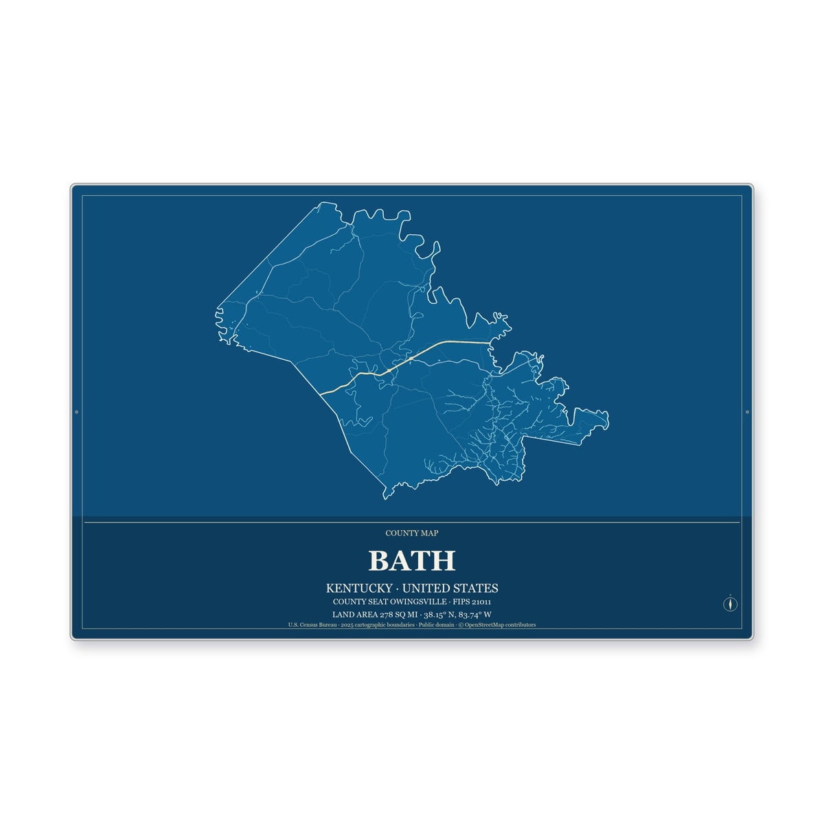 Bath County, Kentucky Map Aluminum Sign in Harbor Cobalt style
