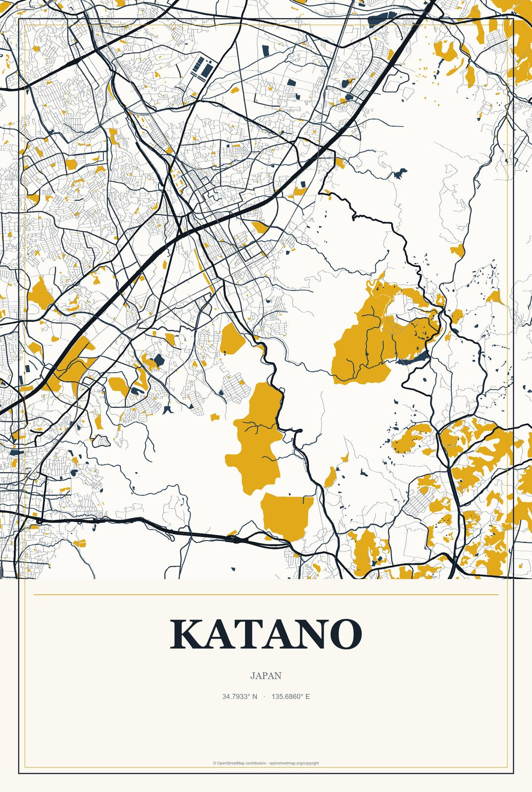 Katano, Japan City Map Aluminum Sign in Citrine Modern style