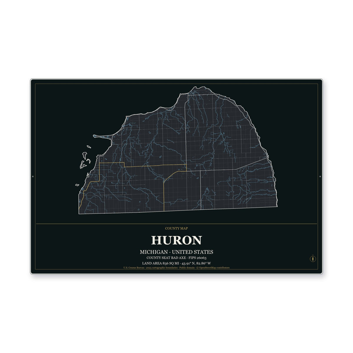 Huron County, Michigan Map Aluminum Sign in Metropolitan Noir style