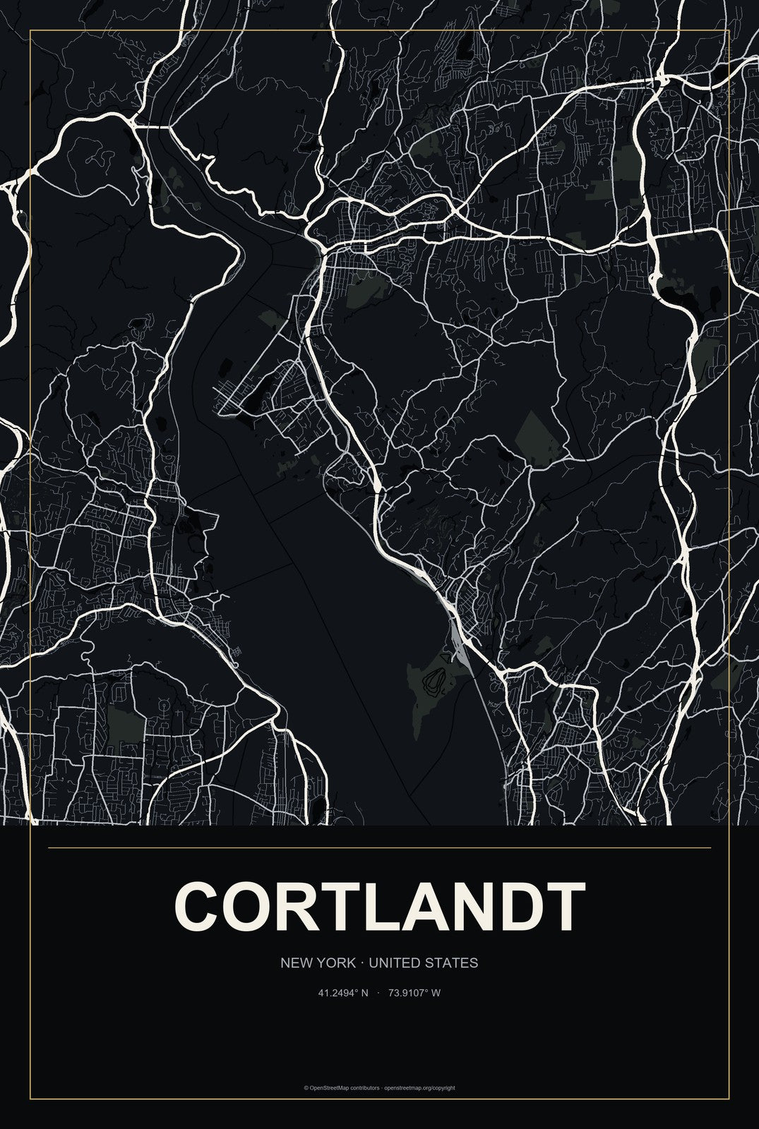 Cortlandt, New York City Map Aluminum Sign in Metropolitan Noir style