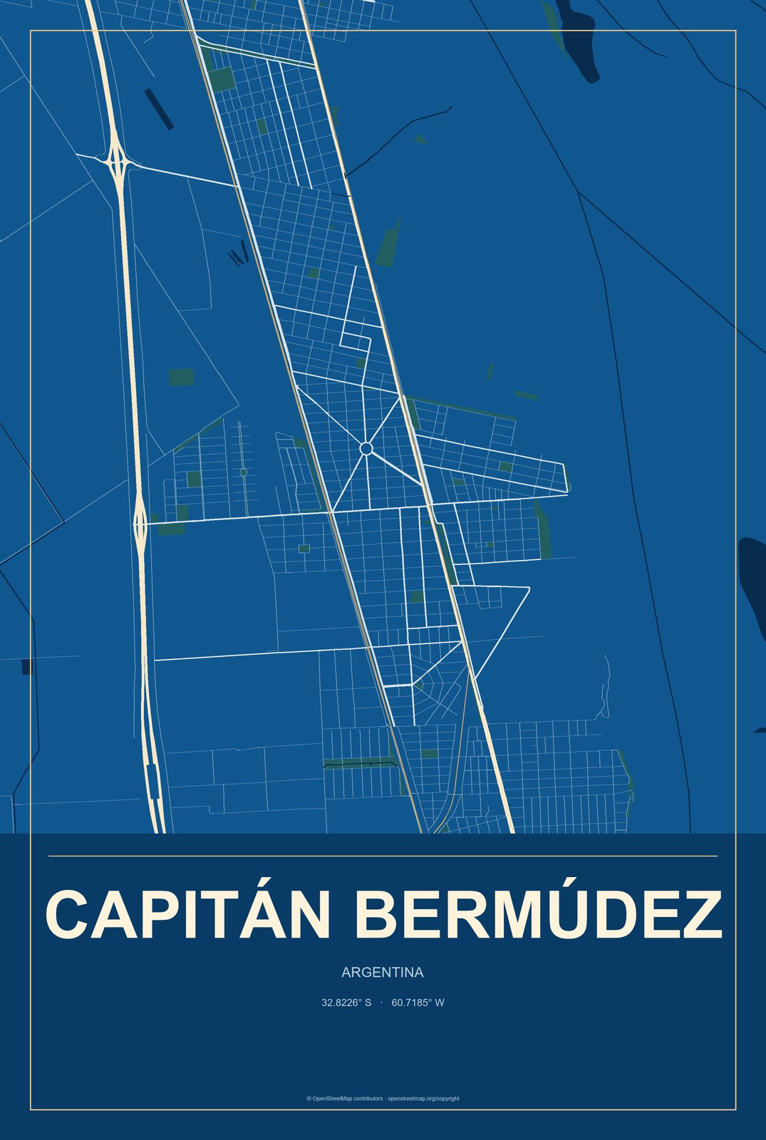 Capitán Bermúdez, Argentina City Map Aluminum Sign in Harbor Cobalt style