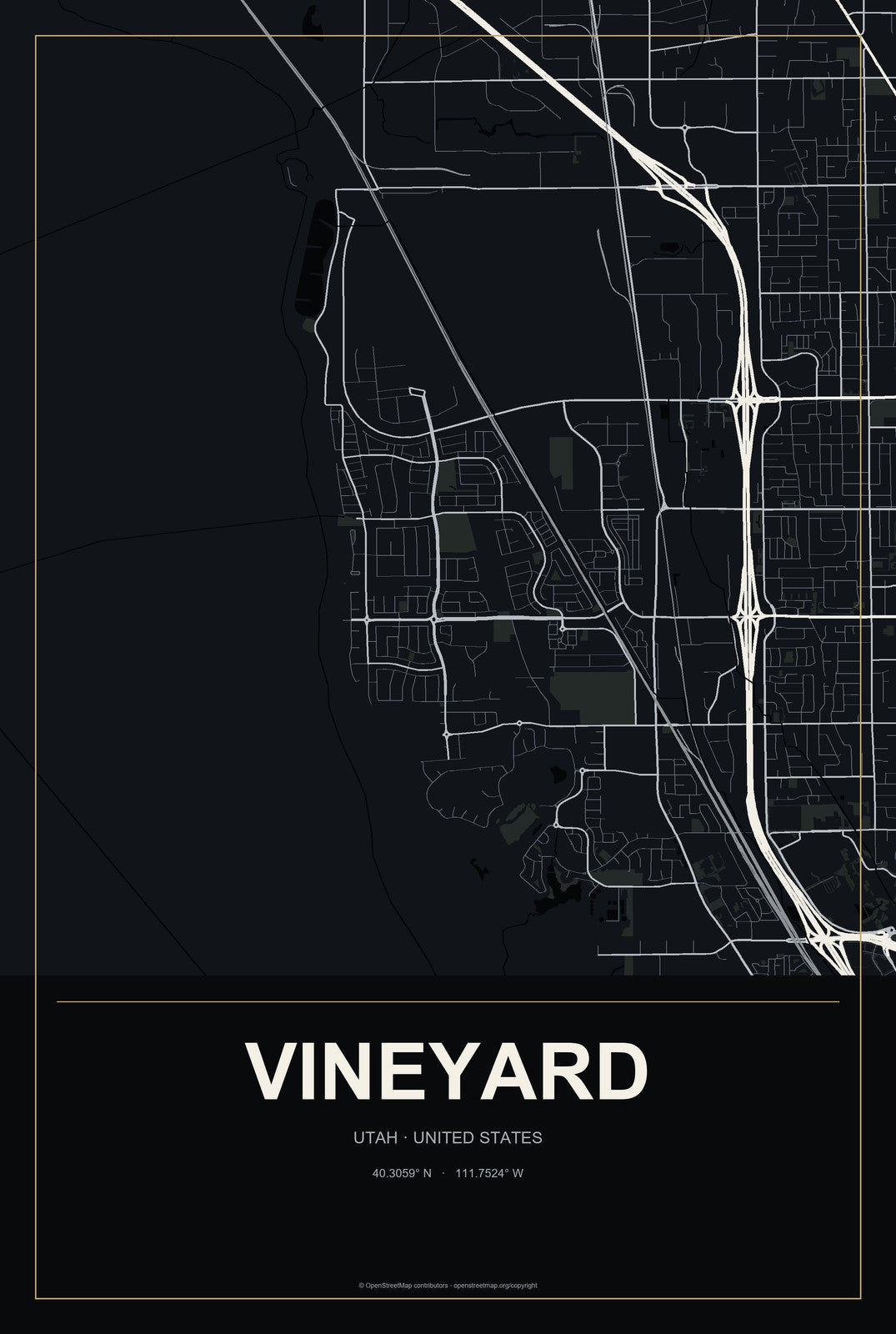 Vineyard, Utah City Map Aluminum Sign in Metropolitan Noir style