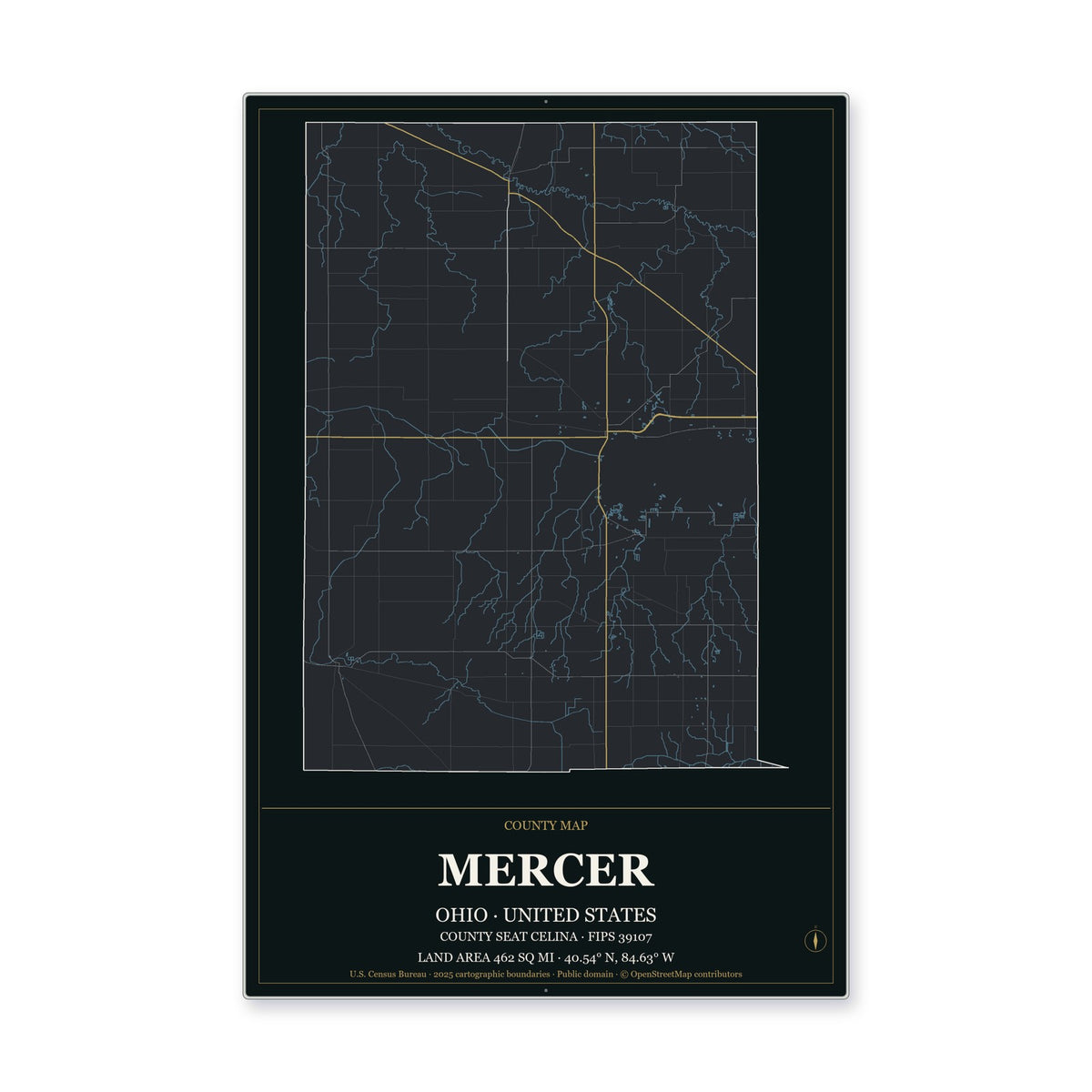 Mercer County, Ohio Map Aluminum Sign in Metropolitan Noir style