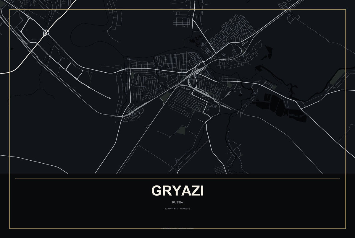Gryazi, Russia City Map Aluminum Sign in Metropolitan Noir style