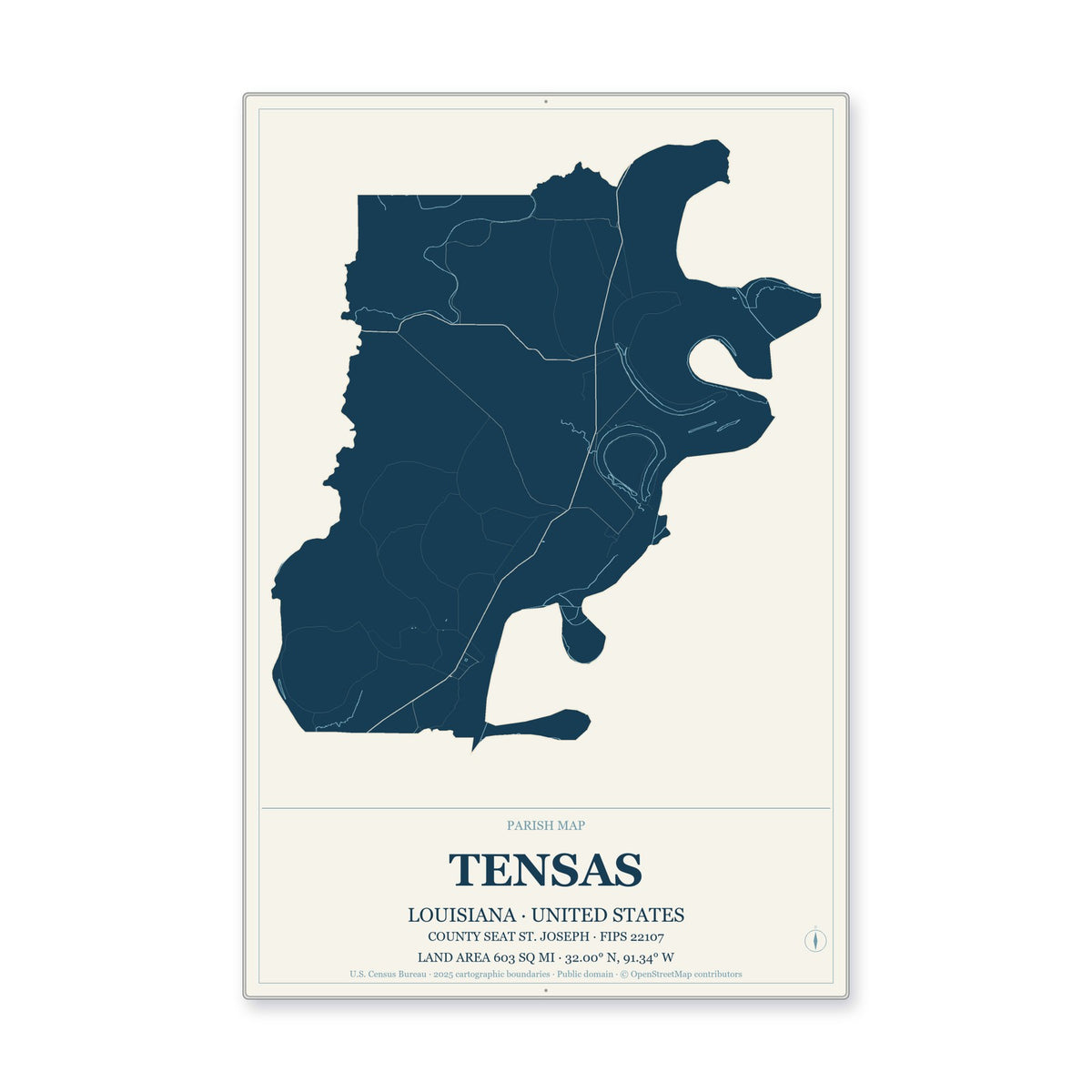 Tensas Parish, Louisiana Map Aluminum Sign in Coastal Cutout style