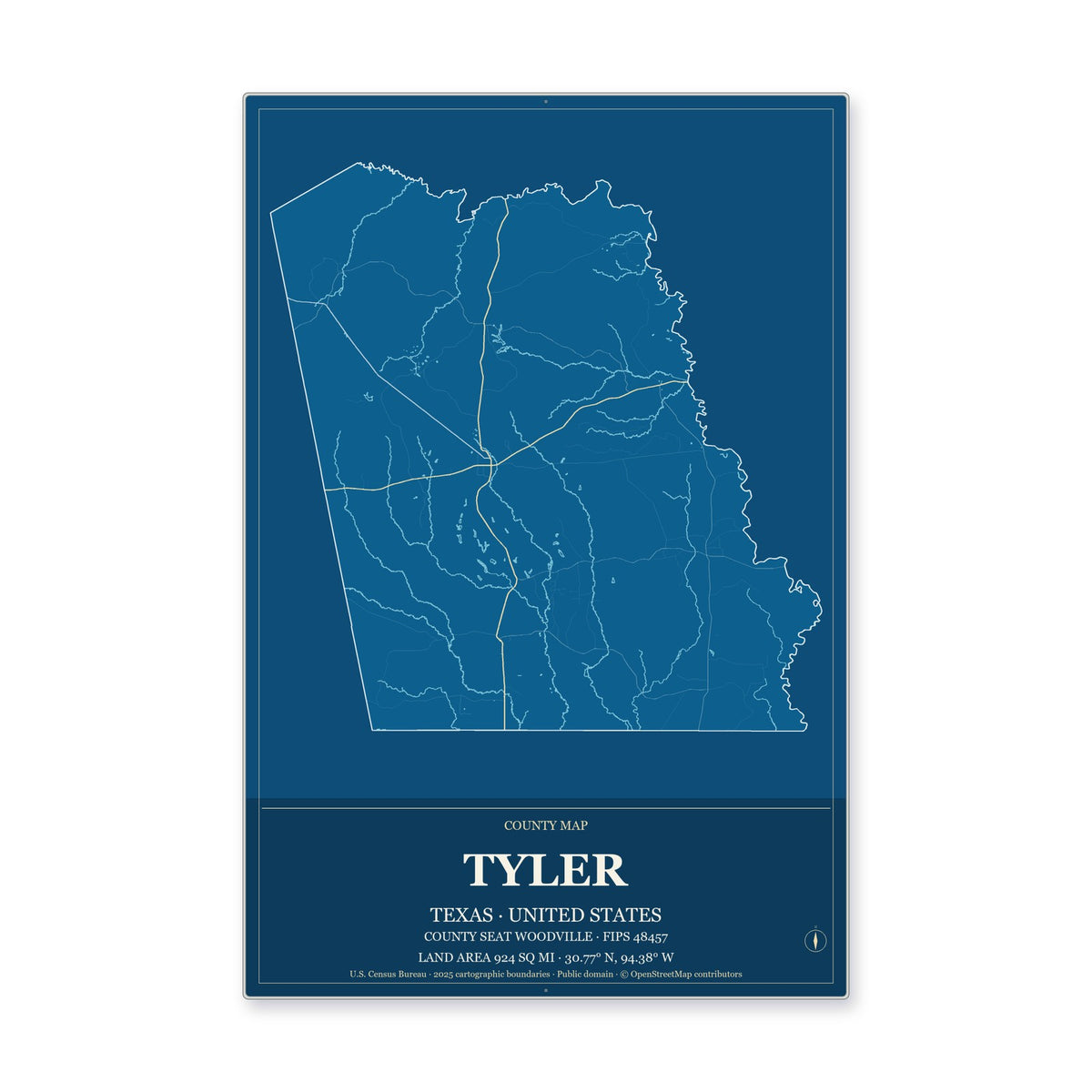 Tyler County, Texas Map Aluminum Sign in Harbor Cobalt style