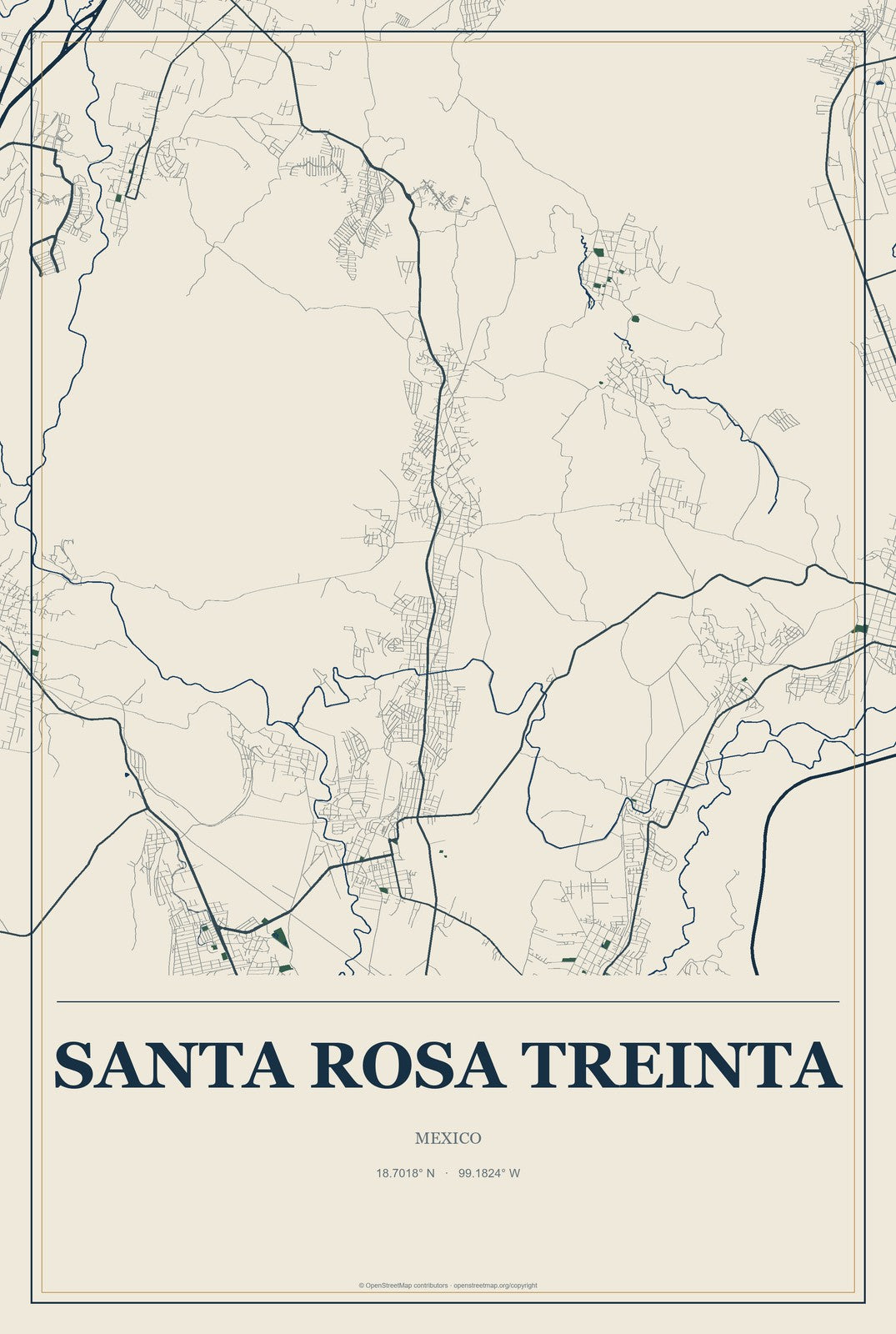 Santa Rosa Treinta, Mexico City Map Aluminum Sign in Coastal Cutout style