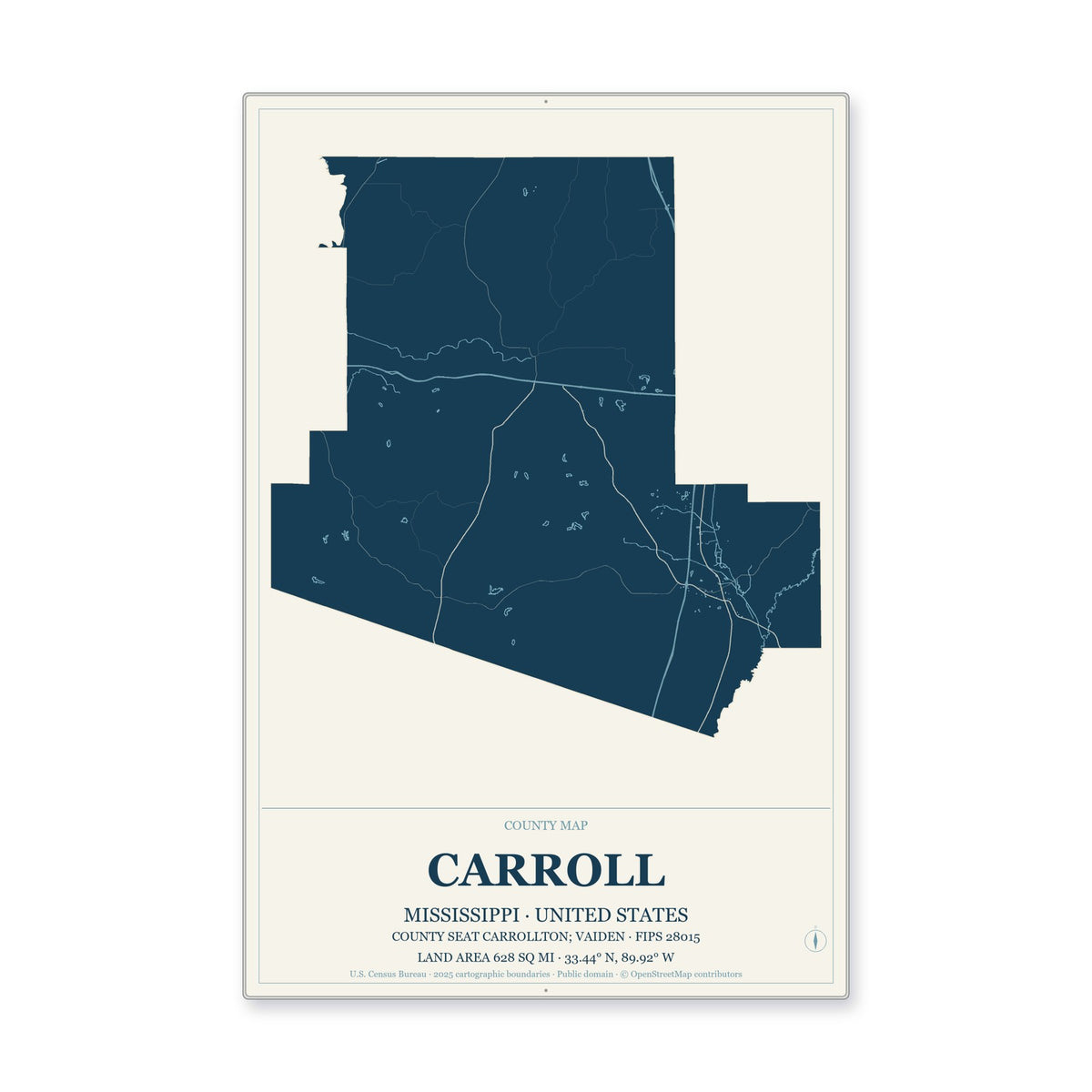 Carroll County, Mississippi Map Aluminum Sign in Coastal Cutout style